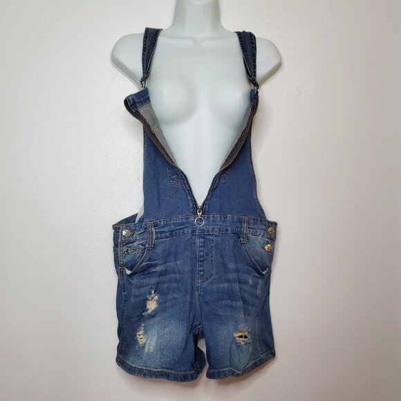 Almost Famous Shortall Size 9 Overalls Women's Distressed Zipper Front - Picture 3 of 10